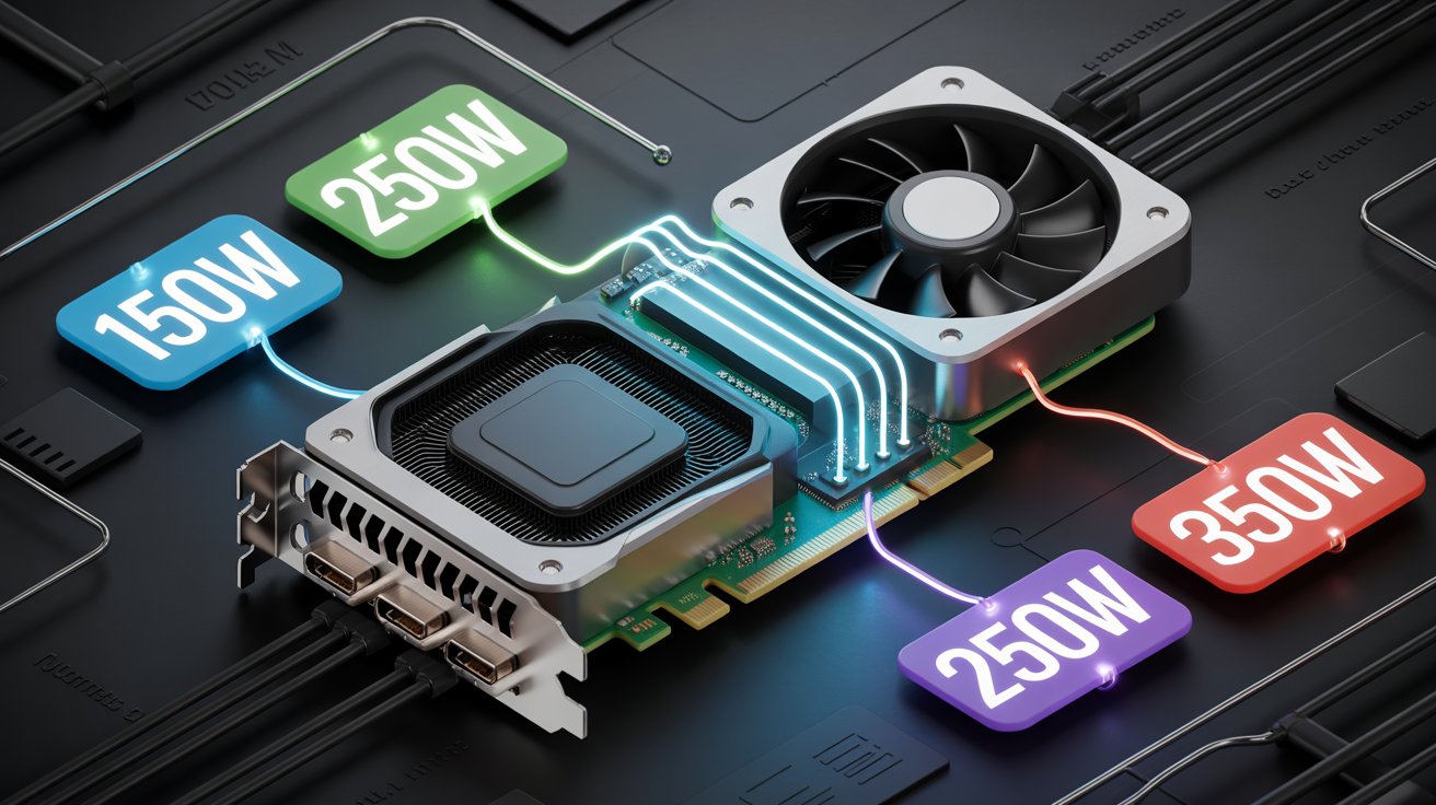 High-end GPU illustration showing power usage of 150W, 250W, and 350W, explaining How Many Watts Does a GPU Use?